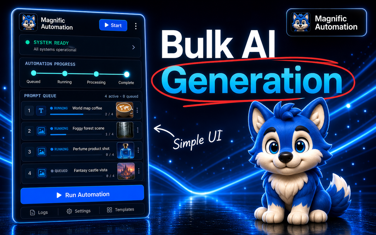 Bulk AI generation running on autopilot with a live prompt queue.