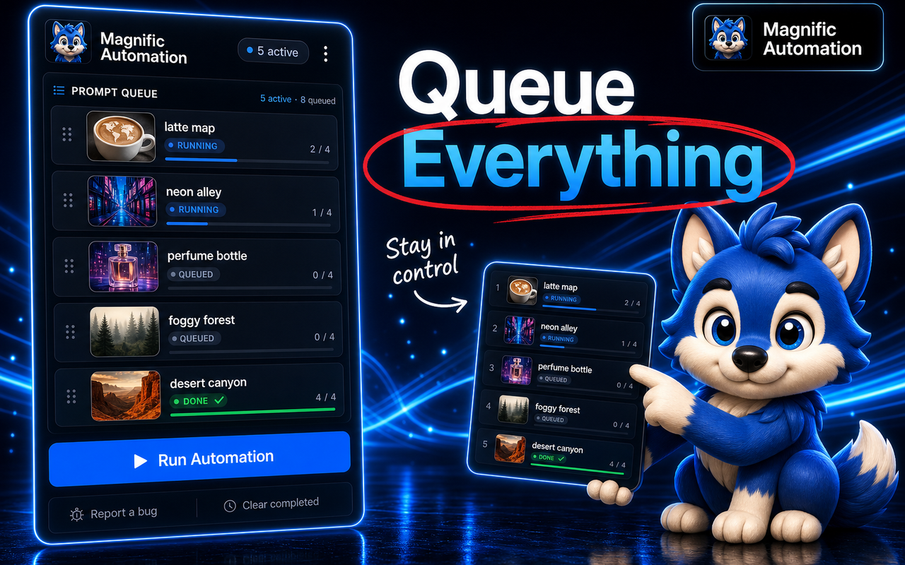 A live prompt queue showing progress for each generation.